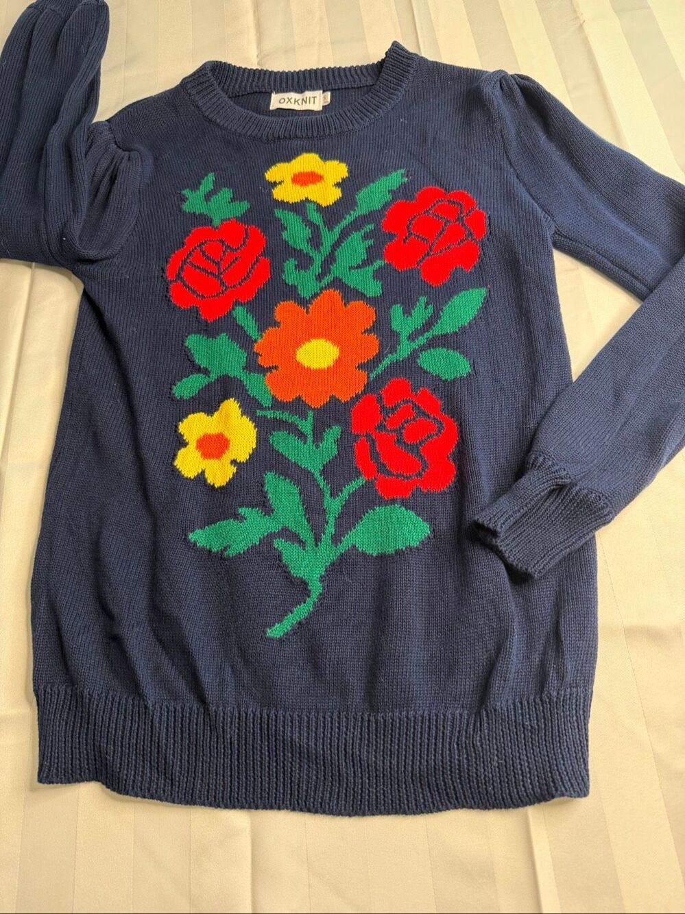 OXKNIT Navy Blue Floral Rose Retro Puff Sleeve Sweater Size Small - Picture 6 of 11